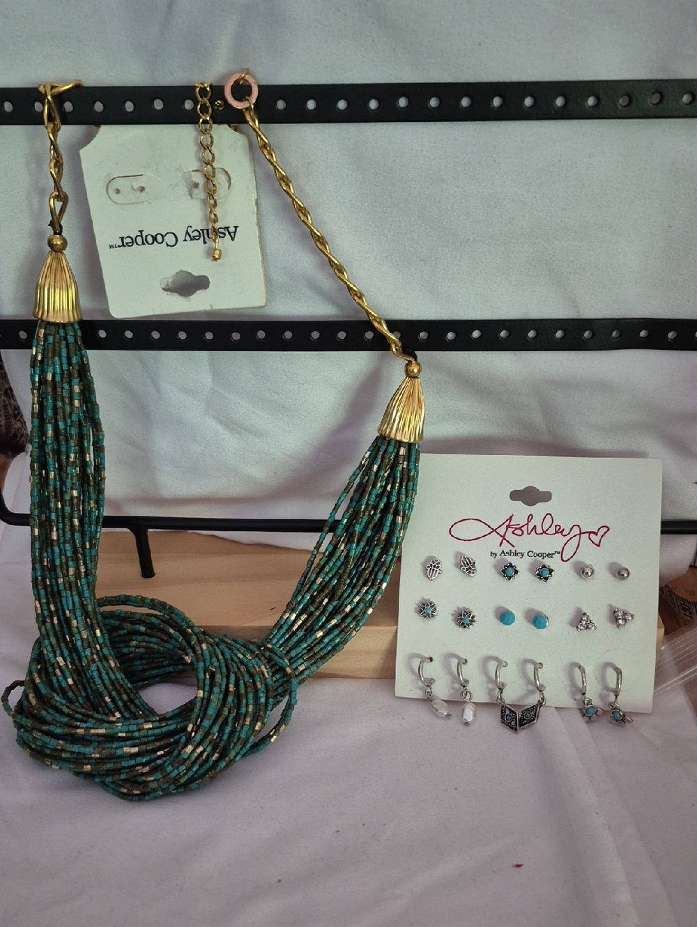 Ashley Cooper Teal and Gold Multi-Strand Beaded Tassel Necklace W/earrings